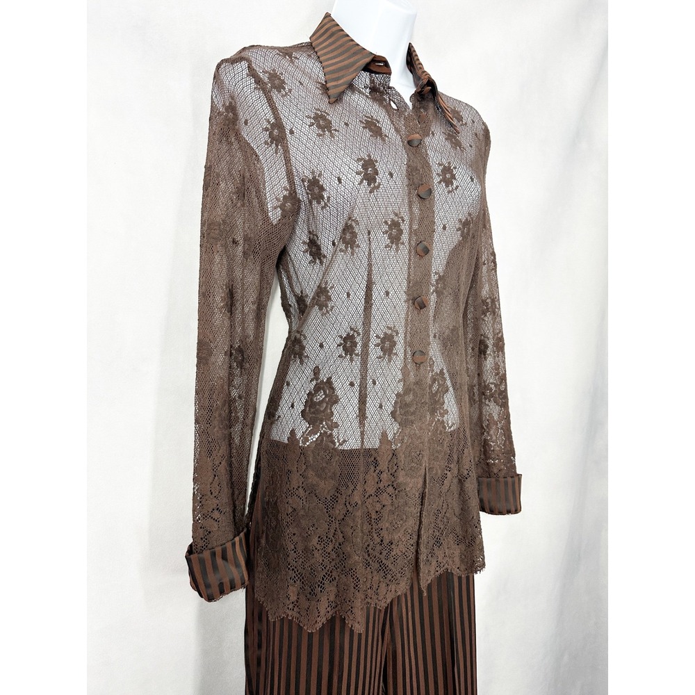 Bleu Blanc Rouge Set Brown Long Sleeve Lace Top Striped Brown Pants US Size 2 - Picture 6 of 12